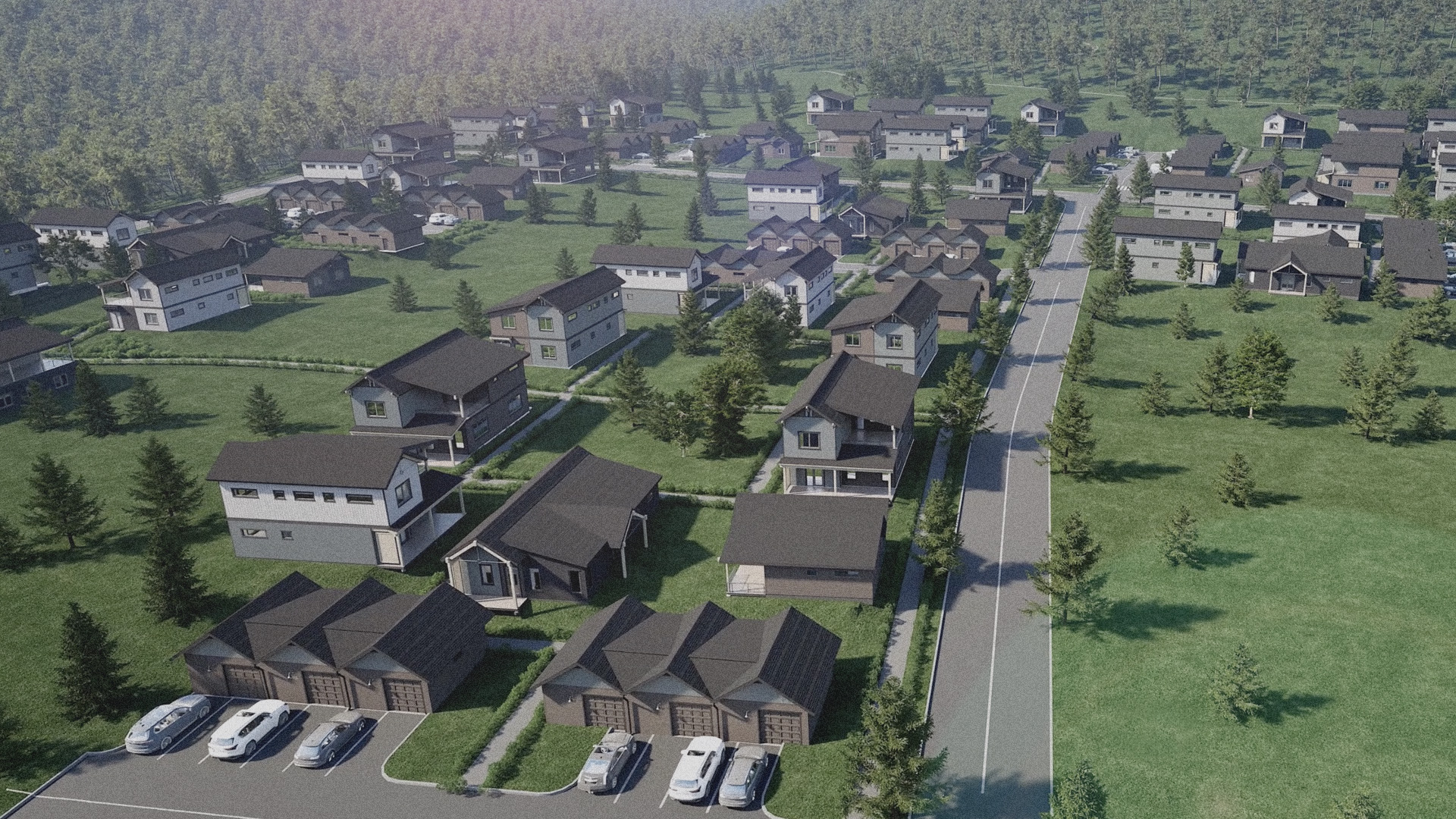 Aerial view of Big Sky Quarry, a mountain home community. This image shows homes and roads set amongst trees.