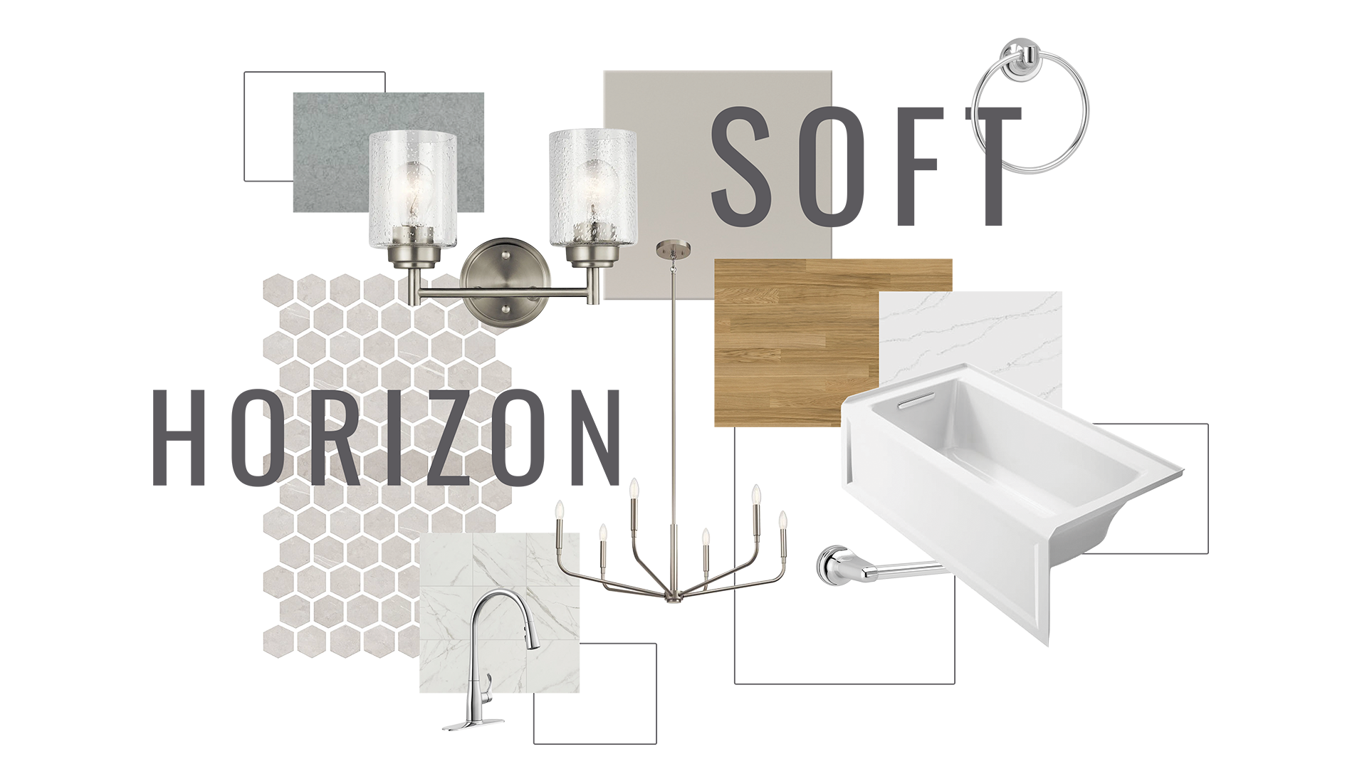 Soft Horizon design theme featuring polished nickel fixtures and light, airy finishes, including a chandelier, double sconce, faucet, tub filler, and towel ring, paired with hexagon mosaic tile, soft gray stone tile, marble-look surfaces, and warm wood flooring on a dark background.